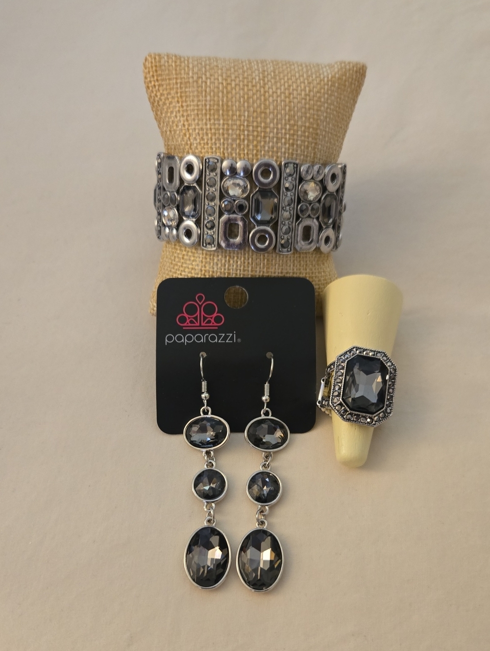 Paparazzi Silver Smoky Crystal Bracelet, Earrings & Ring Set